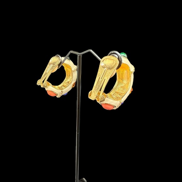 Kenneth Jay Lane Enamel Jewel Tone Cabochon Half Hoop Mogul Clip On Earrings KJL - Picture 7 of 14